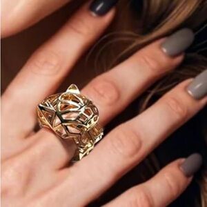 NEW Leopard Head Gold Chunky 3D Grid w/ Green CZ Eye Adjustable Ring